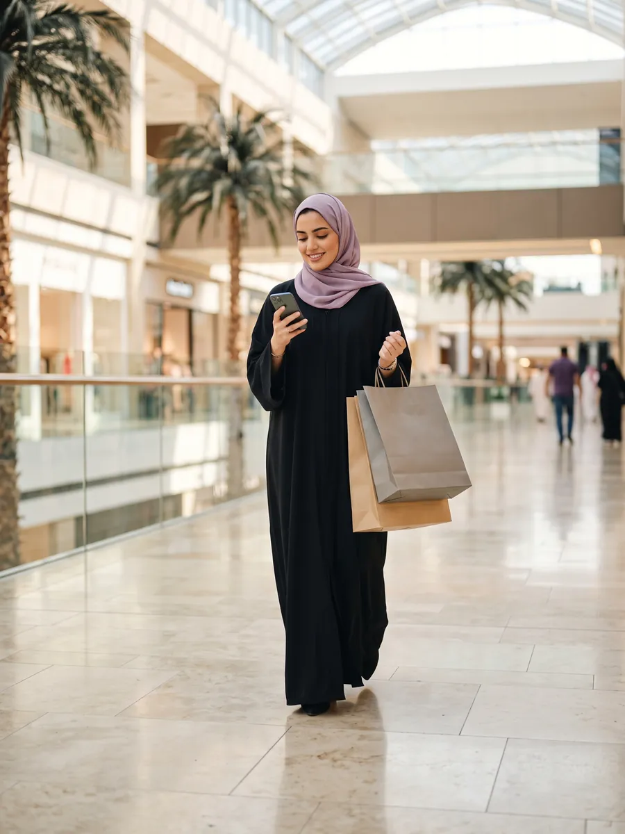 شابة في مجمع تجاري بالكويت شايلة أكياس التسوق وتشوف جوالها